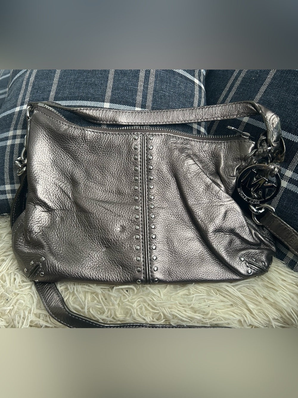 Michael Kors Metallic Pewter Studded Leather Shoulder Bag